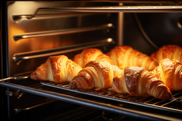 Fresh croissants baking in the oven close up