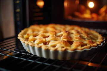 Delicious apple pie baking in oven close up