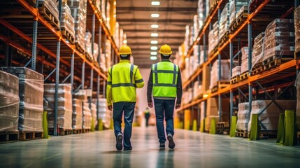 A back view of warehouse staff in uniform and warehouse background - obrazy, fototapety, plakaty