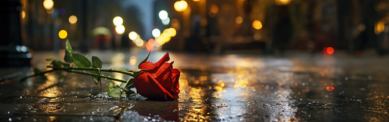 Roses on rainy city street. Breakup breaking up and lost love concept. With copy space 