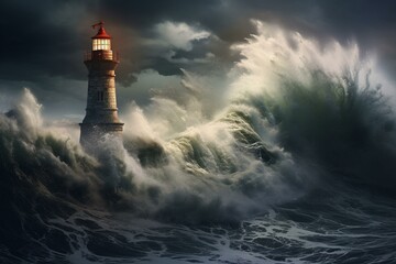 Naklejka premium Powerful ocean with imposing waves colliding into the lighthouse. Generative AI