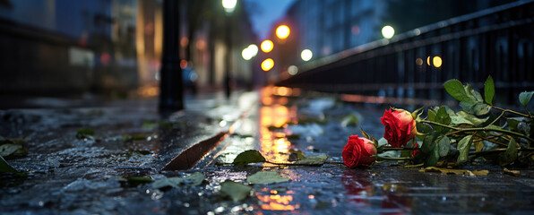 Roses on rainy city street. Breakup breaking up and lost love concept. With copy space  - obrazy, fototapety, plakaty