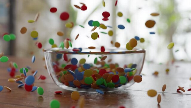 Colorful Chocolate Lentils Falling into a glass Bowl in slow motion