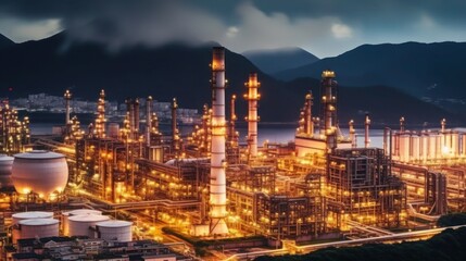 Naklejka premium Close-up view Oil and gas industrial refinery zone,Detail of equipment oil pipeline steel with valve from large oil storage tank at cloudy sky