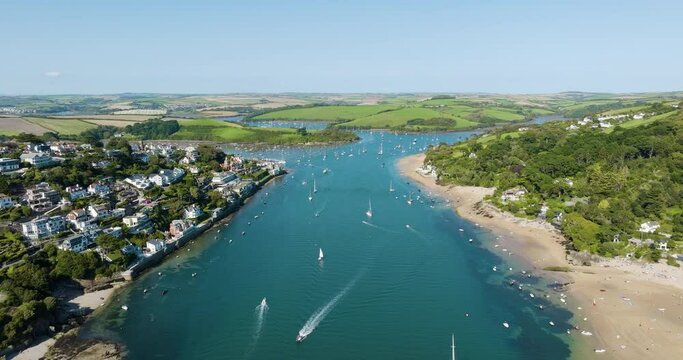 Salcombe Devon Popular Tourist Destination On Clear Summer Day People Boating And Families On Beaches Aerial Drone Shot