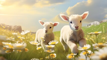Fototapeta premium sheep and lambs, Texel sheep, Two little white sheep, Cartoon sheep with big eyes.little lamb on a meadow,