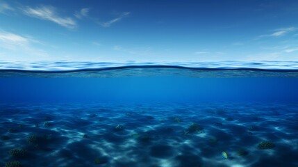 Split view horizon of blue sky with clouds and deep blue underwater ocean. Breathtaking Oceanic Panorama - with copy space to insert ads.