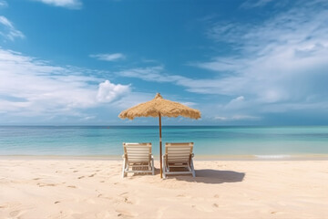 Tranquil beach scene, Panoramic tropical beach landscape for background or wallpaper, two lounge chairs with umbrella, soft lightinig