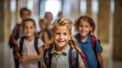 Fototapeta premium Group of young children walking together in friendship, embodying the back-to-school concept on their first day of school