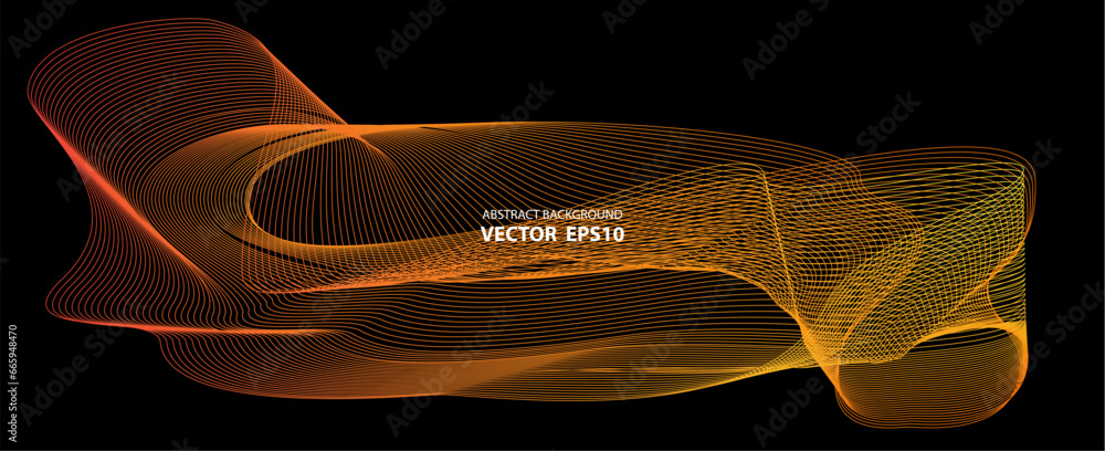 Poster abstract smooth wavy lines pattern gold gradient light isolated on black background.