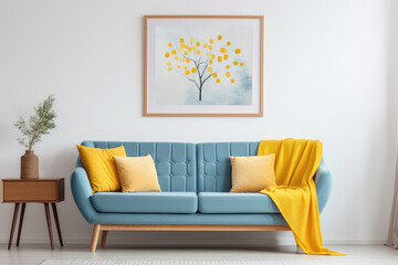 Scandinavian home interior where a blue sofa, yellow accents, and an artistic frame poster adorn a cozy living room against a beige wall, elegance, comfort and chic style.