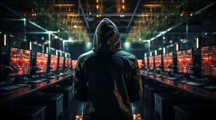 A hacker wearing a hoodie in a room full of computers. Cyber security. Hacking and cracking. Cyber espionage. Cyber threat. The dark web.