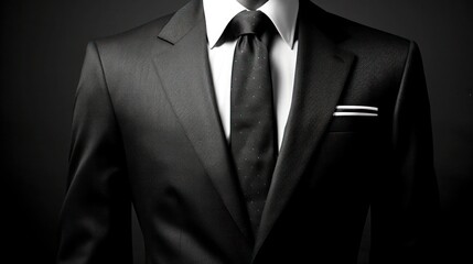 Black business suit with a tie Male jacket with shirt and tie close up