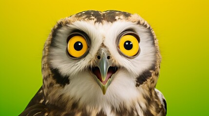 Hilarious wide-eyed owl stares in shock against vibrant green backdrop, perfect for ads promotion