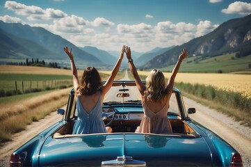 Back view of two girls in dark blue vintage car sitting with their hands up in the air