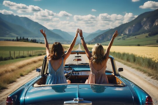 Fototapeta Back view of two girls in dark blue vintage car sitting with their hands up in the air