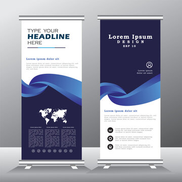 roll up banner design with abstract shape, vertical banner, x banner, blue color gradient, 