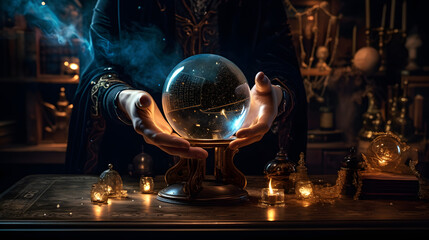 A male wizard holds a magic ball in his hands.
