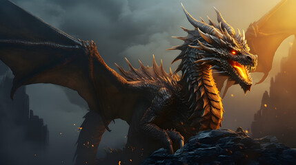 Fierce Dragon Perched Atop a Mountain, Overlooking a Burned Cityscape, Its Glowing Eyes Illuminating the Dusk.
