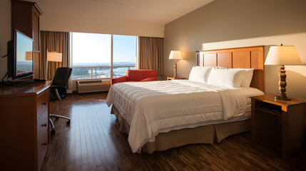 Fototapeta na wymiar Cozy Hotel Room with a Scenic View and Warm Lighting.