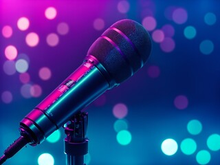 Fototapeta na wymiar Microphone on colored blue and purple background 