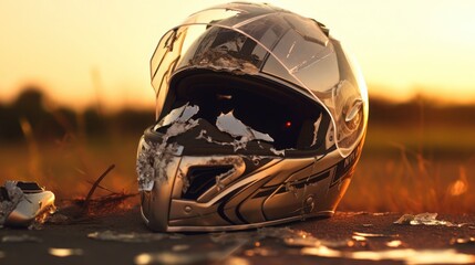 broken motorcycle helmet on street traffic accident concept
