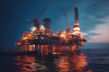 Oil drilling derricks at sea oilfield. Crude oil production from the ground. Petroleum production. Night time.