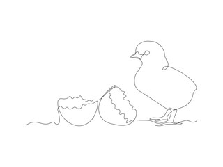 Abstract broken empty egg, egg shell and small newborn chick, continuous one line art drawing