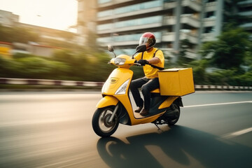 Man courier using a on a yellow moped with a cube-shaped delivery bag moving fast on motorway road in city urban to find the delivery address - obrazy, fototapety, plakaty