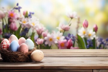 empty wooden table against easter times background