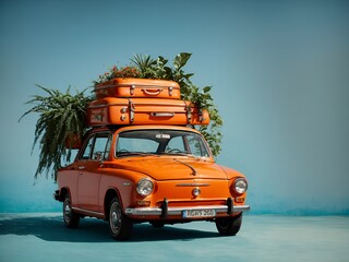 Orange retro car with luggage and plants on the roof