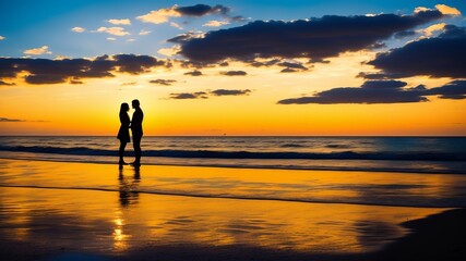 Fototapeta na wymiar silhouette of a couple on the beach at sunset. AI Generated