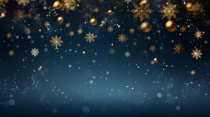 Add dark gold snowflakes to the blue background to create a snowfall effect, with light orange baubles scattered throughout
