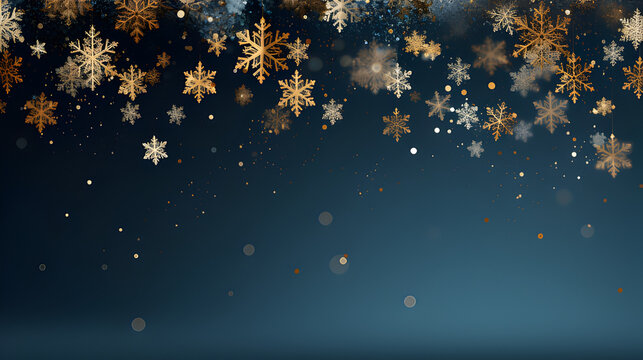 Add dark gold snowflakes to the blue background to create a snowfall effect, with light orange baubles scattered throughout