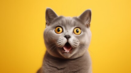 Gray British Shorthair cat's mouth agape, exaggerated wide-eyed surprise on adorable face pops against yellow background