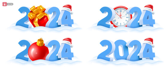 Set of new year designs with 3d realistic numbers 2024 with red gift box, christmas tree ball or clock in the snow. Santa hat slip on the number 4. Isolated on white background. Vector illustration