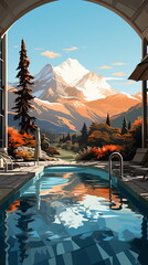 Illustration of Pool/Hot Springs Scene with Distant Autumn Mountains