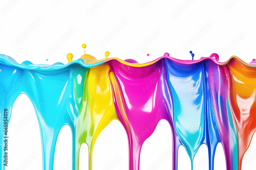 Poster digital art with this image of colorful acrylic paint flowing on a white banner. this panoramic view