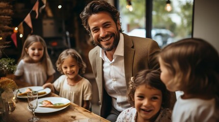 Dressed-up man friends and father and kids gathering to celebrate
