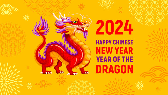Greeting card, banner design for Chinese New Year 2024 with cartoon Dragon, zodiac symbol of 2024 year, numbers, traditional patterns and text on yellow background. Vector illustration
