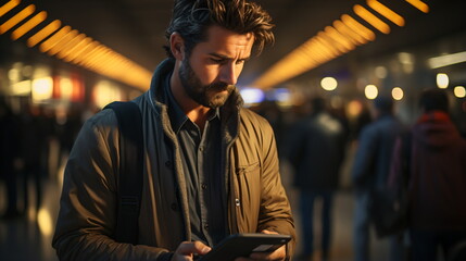 Caucasian Man Using Smartphone at Station/Business Street, Face Lit by Screen