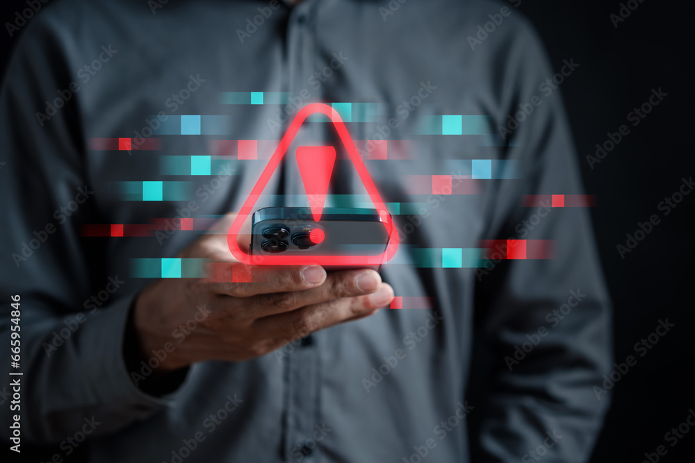 Aufkleber system warning caution sign, scam virus attack on firewall for notification.