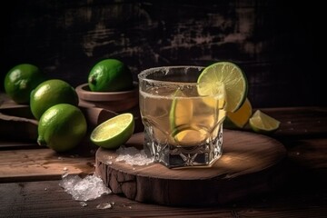 tasty drink with tequila, lime, and salt served on a rustic wooden surface. Generative AI
