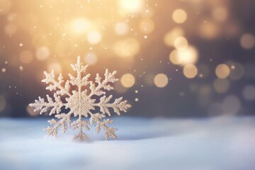 Fototapeta na wymiar Sophisticated winter scene of delicate snowflake on decorative Christmas background. Ample space for text. Generative AI