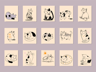 Set of cute cats poses icon character vector illustration. Cartoon portrait of playful pets with funny faces cats.