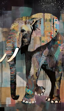 Bohemian Elephant illustration artwork made with collage, mixed media, newspaper and fabric prints wallpaper background printable wall art