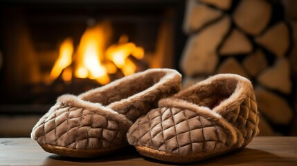 Slippers near a cozy hearth, ready for warmth
