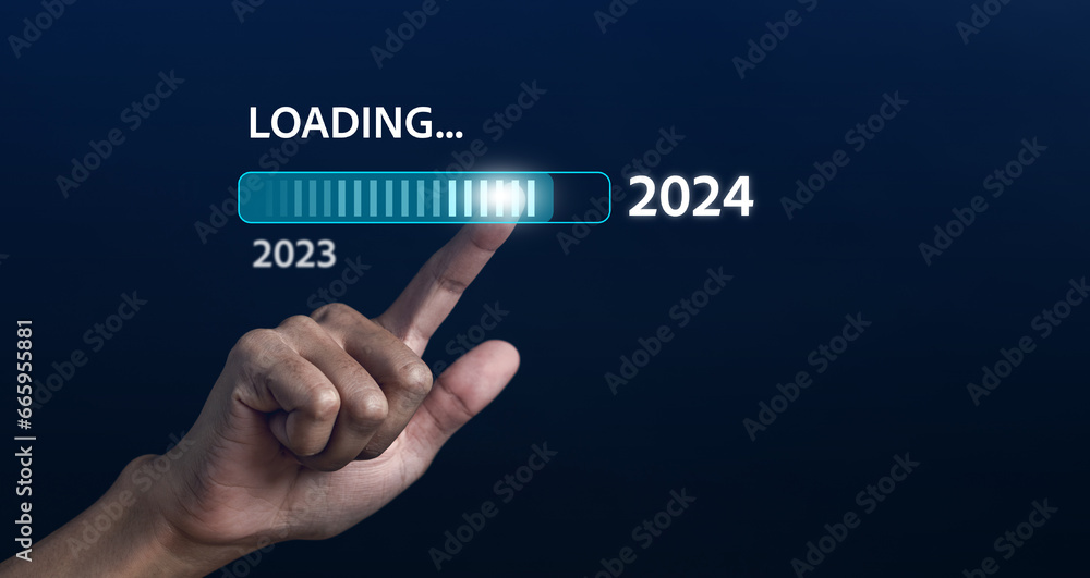Poster Loading progress from 2023 to 2024 to countdown happy new year.