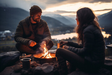 Couple hiking people campfire nature fire camp vacation love traveler - obrazy, fototapety, plakaty