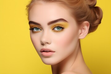 Face model with yellow makeup. Beauty tips for girls, in the style of serene faces, yellow makeup, subtlety